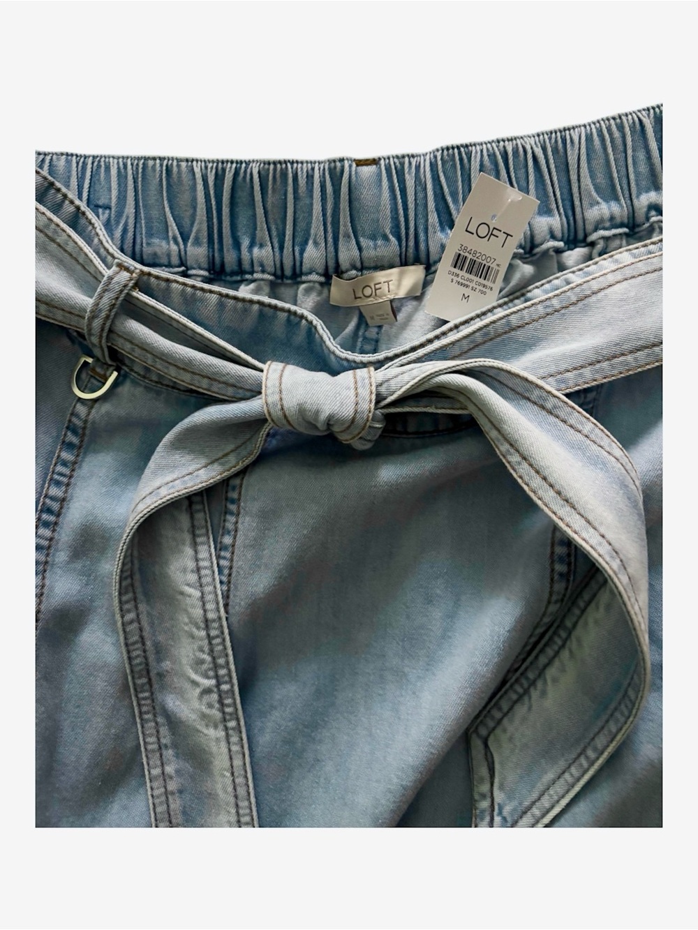 LOFT Light Blue Denim A-Line Paneled Full Tie-Waist Midi Skirt, NWT - Picture 2 of 6